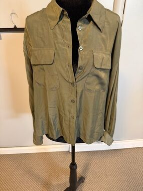 A New Day Olive Green Button Down Blouse | Size Large | Lightweight Silky Top